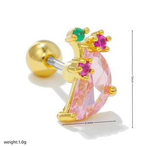 Pink semi-circle zircon ear stud in gold stainless steel with dimensions 10x6.5mm