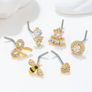 Set de 6 piercings de nariz de acero inoxidable dorado con motivos de abeja y circonitas