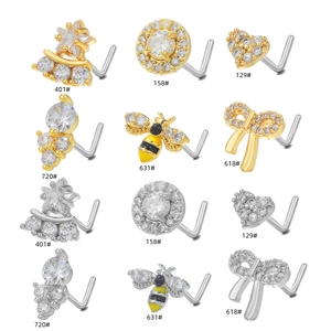 Set de 12 piercings para nariz en forma de L con lazo, abeja y estrella en oro y plata