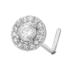Piercing de nariz en forma de L con racimo de circonitas brillantes y metal plateado