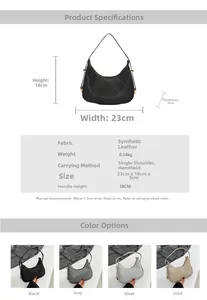 Size guide for crescent underarm bag showing dimensions 23x18x5cm in synthetic leather