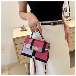 Colorful plaid top-handle crossbody bag for women with gold metal clasp and woven texture