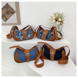 Retro Denim Patchwork Crescent Underarm Bag For Women With Adjustable PU Strap Contrast Color French Style Buckle Bag