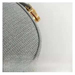 Close-up of shimmering silver sequins and premium gold metal clasp on a shoulder bag
