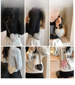 Detailed views of heart-shaped sequin crossbody bags in white, gold, black, and pink