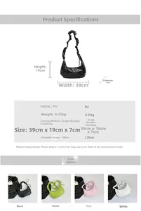 Detailed size specifications and material chart for the pleated cloud shoulder bag