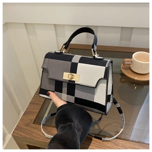 Close-up of black and white plaid handbag with a metallic twist lock and top handle