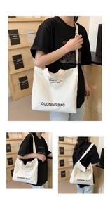 Three-way view of a large canvas tote bag showing handheld and crossbody styling