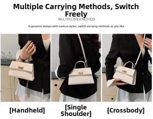 Chic beige crossbody bag shown in three styles: handheld, shoulder, and crossbody carry