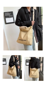 Multi-angle view of large beige canvas tote bag showing front, side and back styling