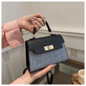 Women Colorblock Glitter PU Leather Handbag Gold Twist Lock Small Square Shoulder Crossbody Bag Fashion Evening Party Purse