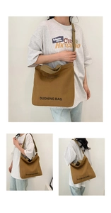 Detailed views of the large brown canvas tote bag with adjustable shoulder straps