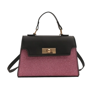 Contrast color handbag for women featuring black matte flap and pink sequined body texture