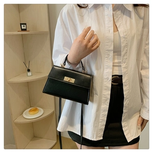 Close-up of minimalist black handbag with gold metal lock on a wooden shelf setting