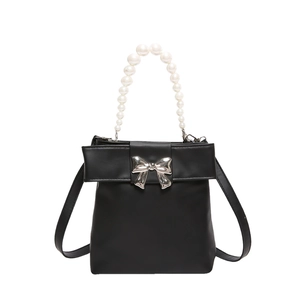 Sac bandoulière en cuir PU noir avec grand nœud et poignée élégante en perles