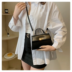 Detail of a black small crossbody bag with a gold twist lock and a sleek top handle