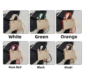 Collage of mini straw-woven tote bags in six vibrant colors with round handles