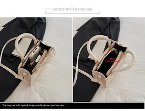 Internal structure of woven handbag showing zippered main compartment and storage capacity