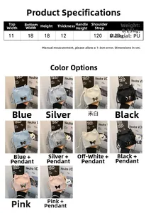 Size chart and color display for bow bucket bag with dimensions and PU material info