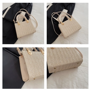 Detailed views of beige straw tote bag with herringbone weave and gold hardware accents