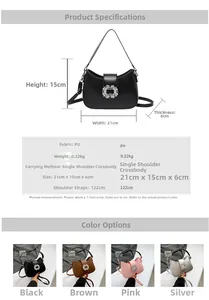 Detailed size specifications for the PU leather crescent bag showing dimensions 21x15x6 cm