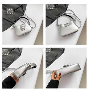 Detail view of silver moon bag with rhinestone buckle shown from four different angles