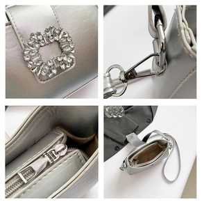 Detailed views of silver glossy crossbody bag with square rhinestone buckle and hardware