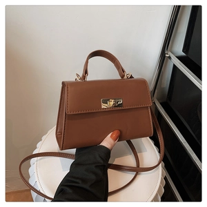 Women Fashion PU Leather Small Square Shoulder Crossbody Bag With Gold Metal Lock Trapezoid Top Handle Handbag For Daily