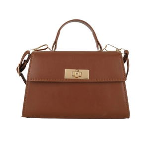 Classic brown matte faux leather handbag with gold metal lock and adjustable strap