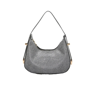 Sparkling silver rhinestone hobo bag with a sleek crescent shape and golden hardware