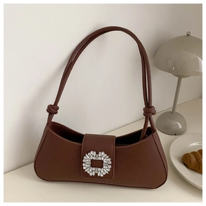 Women PU Leather Underarm Bag Sparkling Rhinestone Square Buckle Minimalist Elegant Baguette Shoulder Bag For Date Party