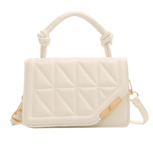 Minimalist beige quilted square handbag with knotted handle and adjustable shoulder strap