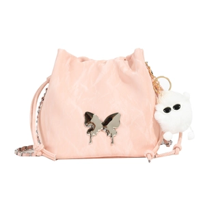Pink pleated bucket bag with metallic butterfly detail and fluffy monster keychain