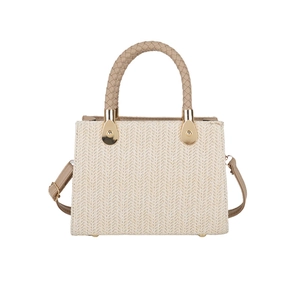 Handwoven crossbody bucket bag in herringbone cream straw with gold hardware and top handles