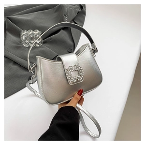 Women PU Leather Underarm Bag With Rhinestone Square Buckle Elegant Half Moon Shoulder Crossbody Purse For Ladies