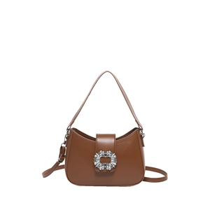 Brown semi-circle underarm bag with sparkling rhinestone buckle and dual straps