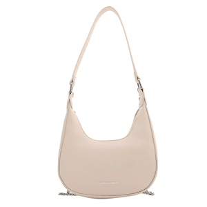 Minimalist beige crescent underarm bag in lychee pattern leather with silver chain