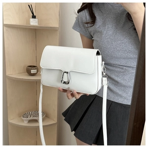 Close-up of a white rectangular bag featuring a silver horseshoe buckle and flap closure