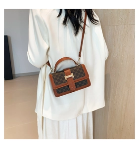 Classic crossbody small square bag with brown leather trim and vintage metal buckle