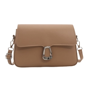 Minimalist khaki leather crossbody bag with silver trapezoid buckle for women