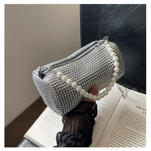 Sparkling silver rhinestone cylinder bag with faux pearl handle and metal chain strap
