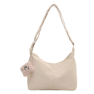 Sac fourre-tout rétro en cuir beige avec design demi-cercle et breloque en peluche