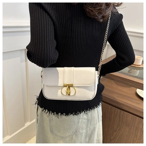 Detail of white square crossbody bag showing gold T-shaped clasp and metal chain strap