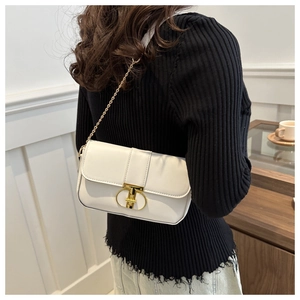 Chic white leather small square bag with gold chain strap and stylish interlocking metal buckle