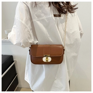 Detail of a brown leather crossbody bag with a gold chain and stylish metal clasp