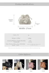 Detailed size specifications and color options for the quilted drawstring bucket bag