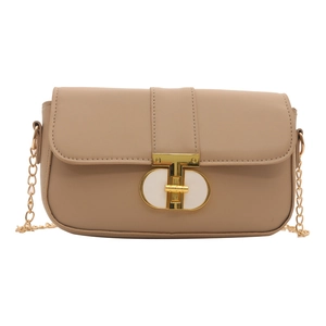 Minimalist beige crossbody bag with gold chain strap and stylish T-bar metal lock