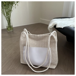 Women Straw Woven Tote Bag Contrast PU Leather Pocket Rope Handle Large Capacity Beach Travel Summer Pastoral Shoulder Bag