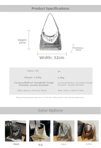 Detailed size chart and multi-color options for the metallic silver bucket bag