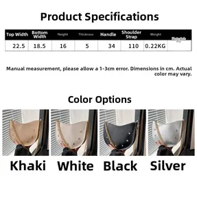 Size chart showing PU underarm bag dimensions 22.5x16x5 cm with color options